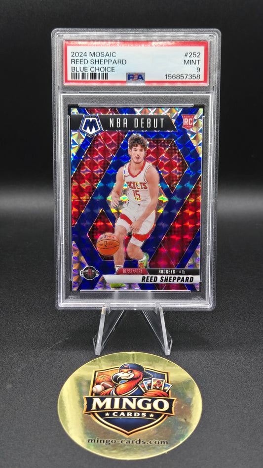 2024-25 Panini Mosaic Reed Sheppard #252 NBA Debut Choice Blue /45 RC PSA 9
