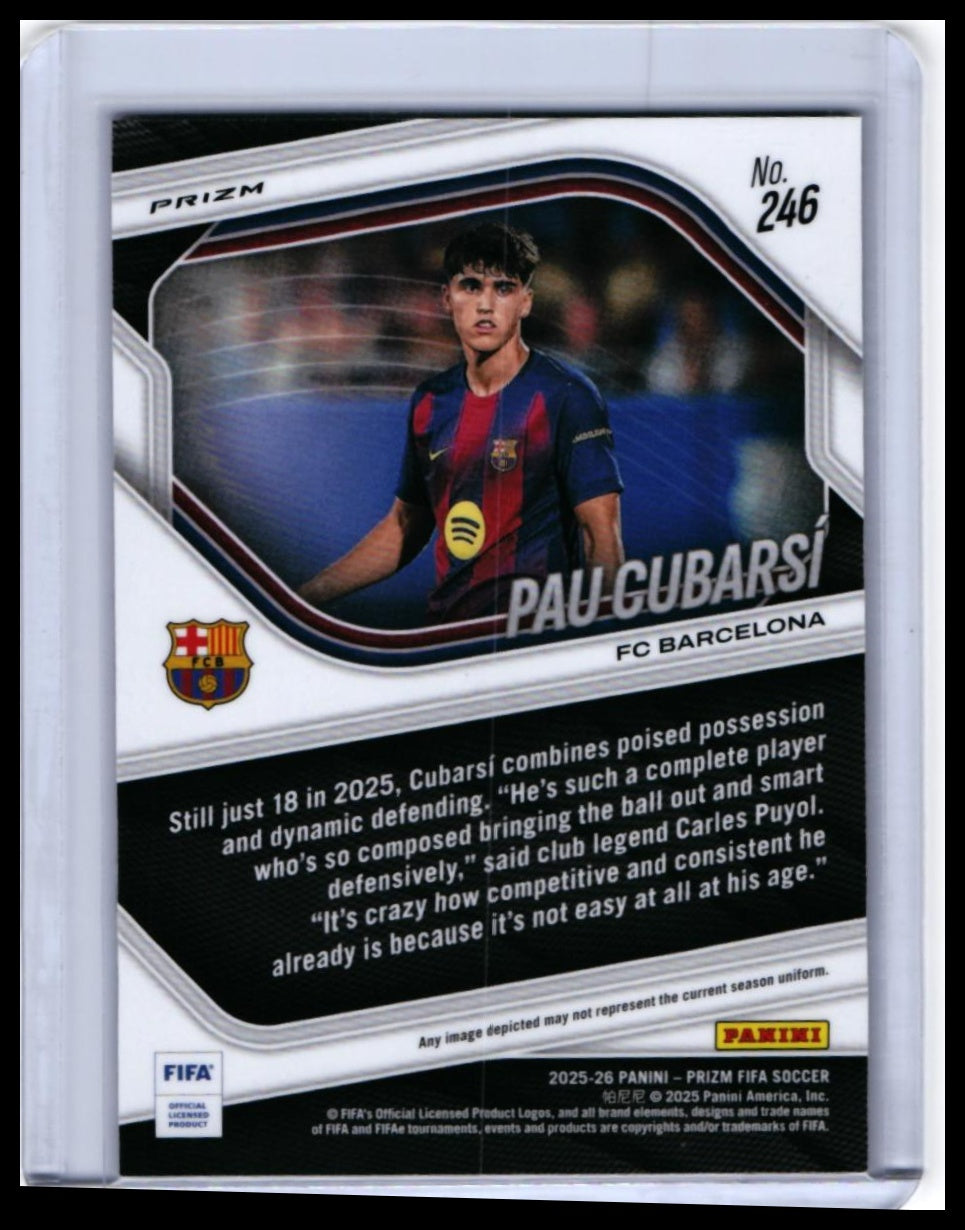 A Panini Prizm FIFA soccer trading card of Pau Gubari, number 246, featuring a photo of the player in a red and blue FC Barcelona jersey, with biographical text on a black background.