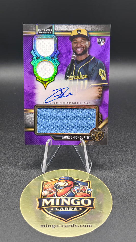 A Mingo Cards baseball trading card featuring Jackson Chourio, shown next to a round gold Mingo Cards display sticker on a dark gray background.