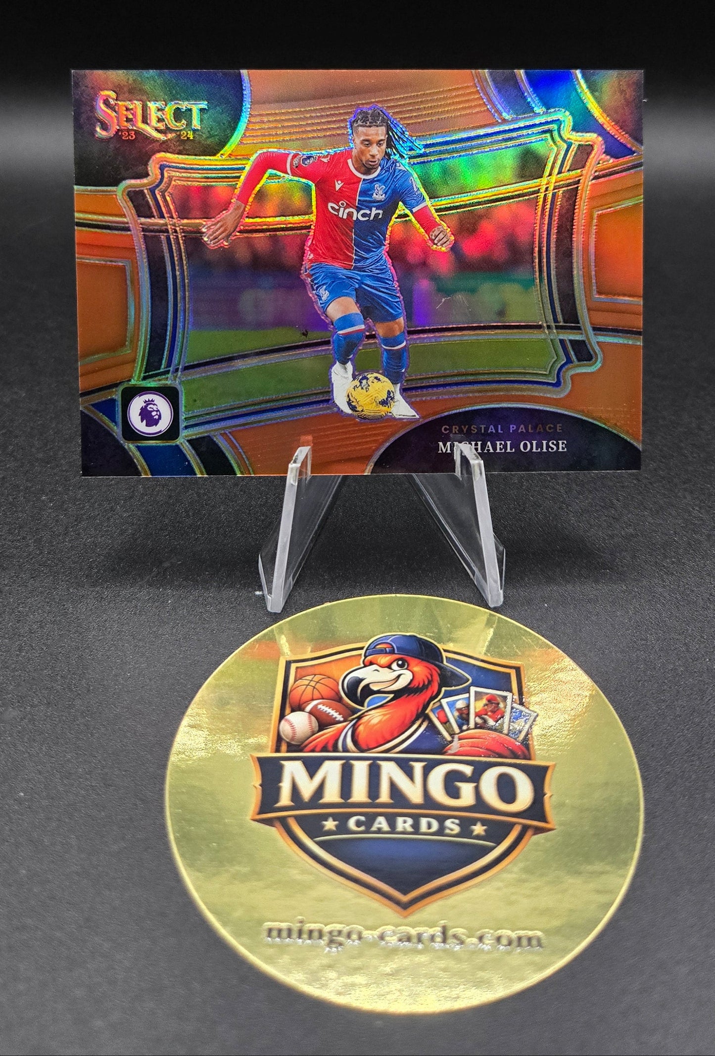Colorful trading card of Michael Olise with a gold Mingo label on a black background