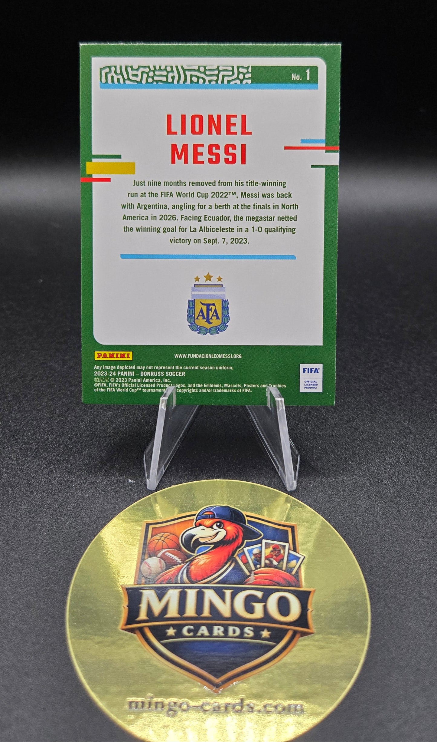 Trading card of Lionel Messi on a black background with Mingo Card logo.