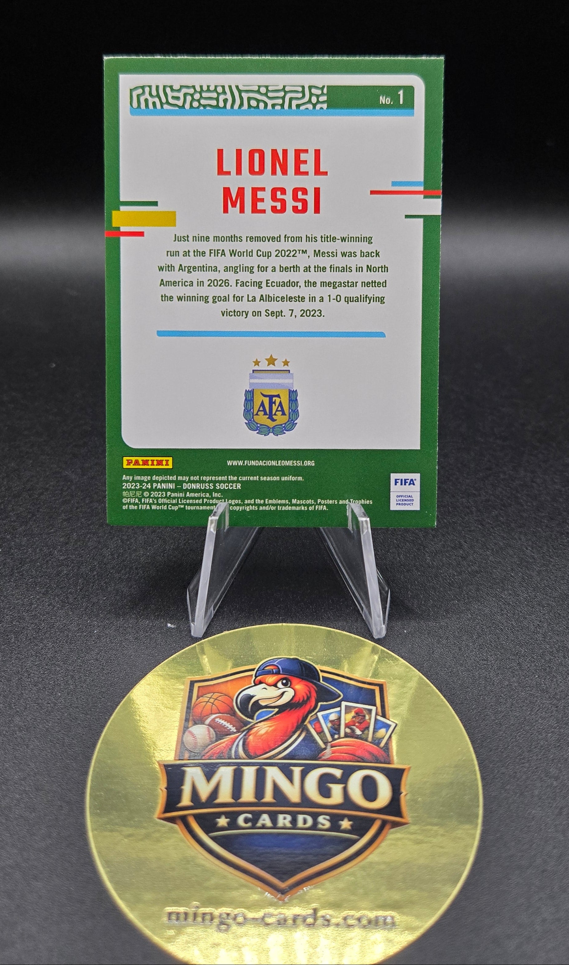 Trading card of Lionel Messi on a black background with Mingo Card logo.