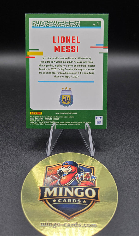 Trading card of Lionel Messi on a black background with Mingo Card logo.