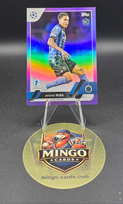 Colorful sports trading card of Antonio Nusa on a stand with 'Mingo Cards' logo