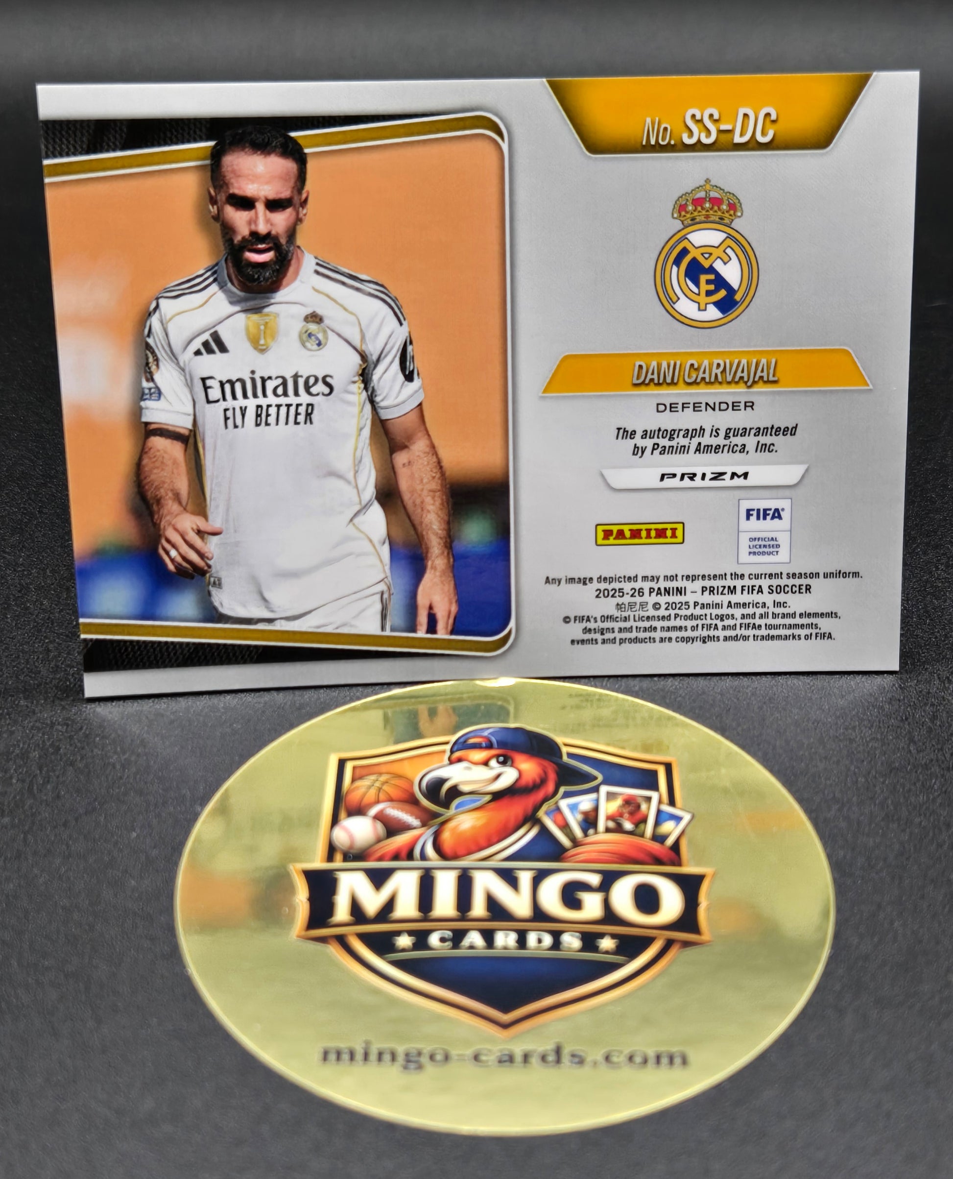 Futbol player trading card with Real Madrid logo and Mingo Cards branding.