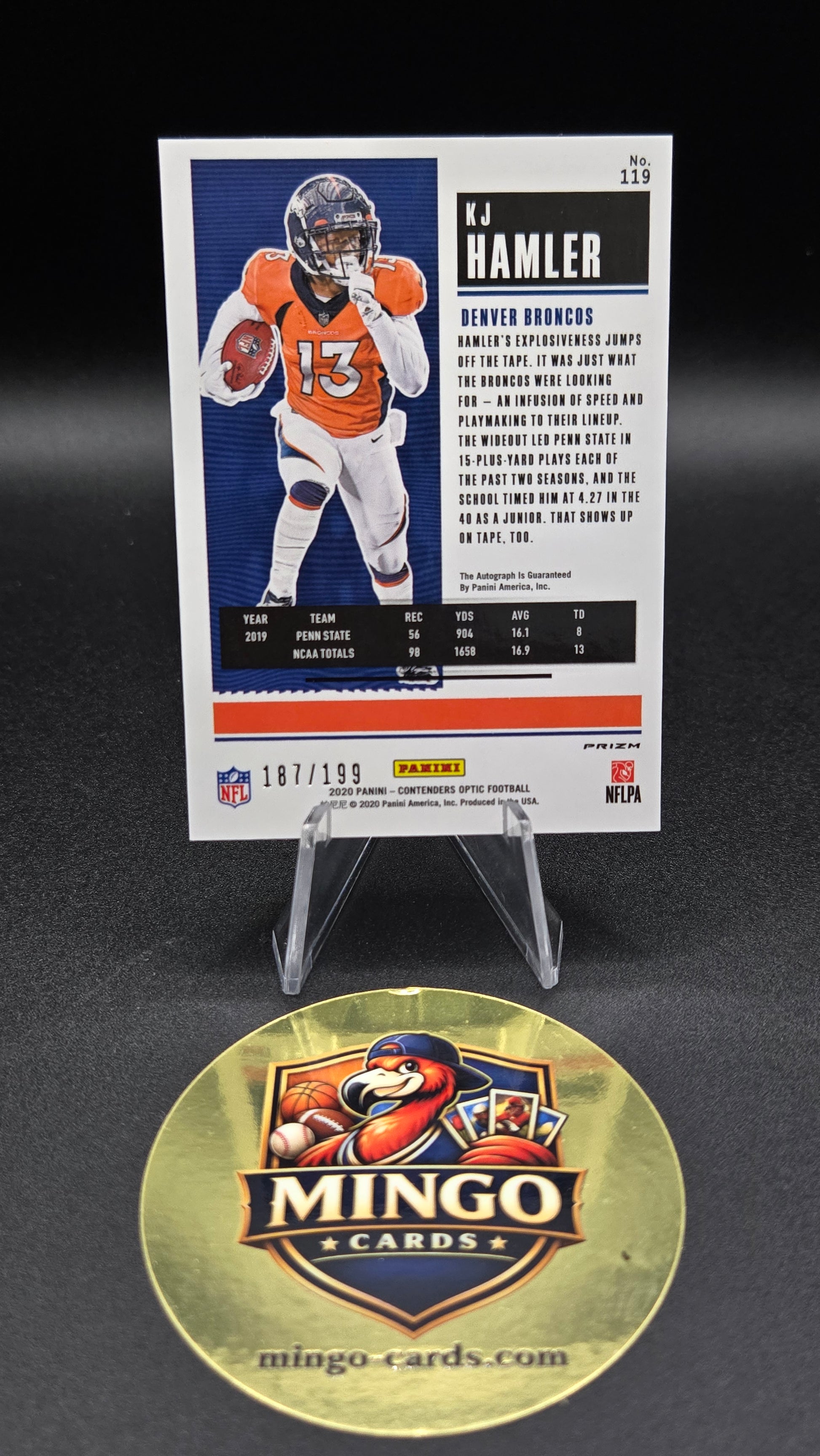 A Panini 2024 NFL trading card featuring KJ Hamler, displayed on a clear stand above a gold circular Mingo Cards box insert on a black background.