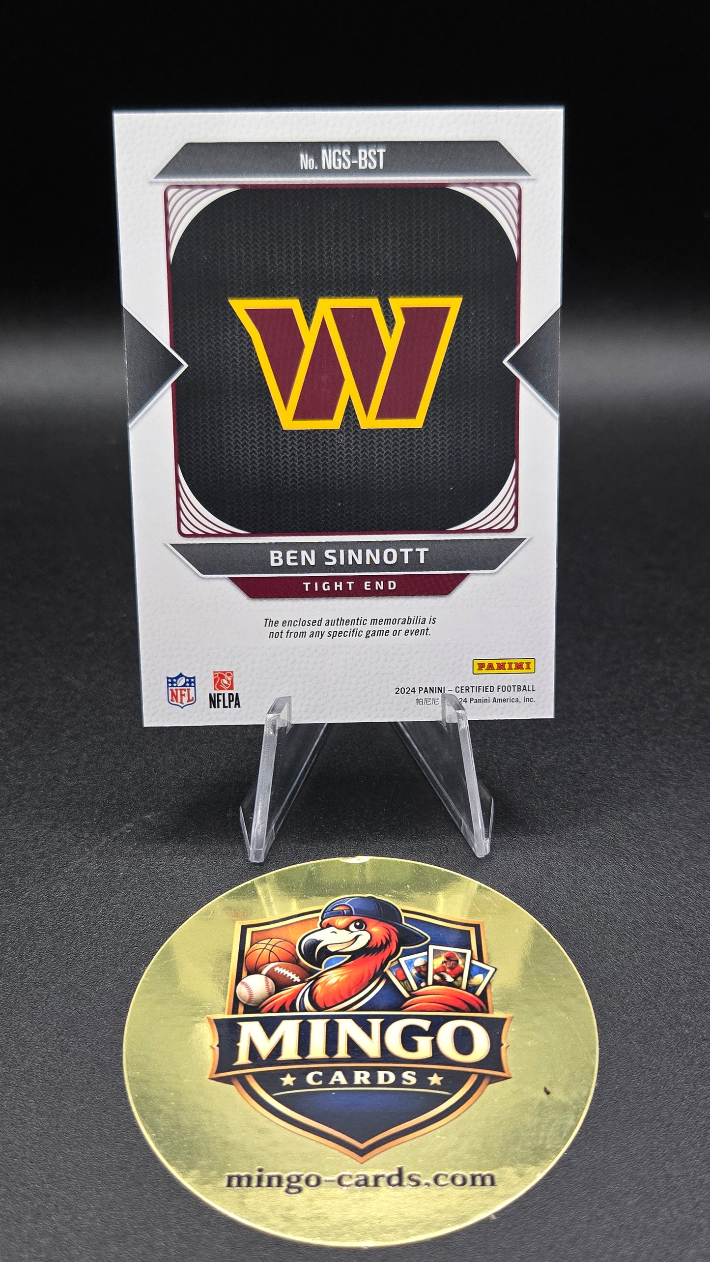 A Ben Sinnott Panini NFL trading card displayed next to a round gold Mingo Cards promotional medallion on a dark background.