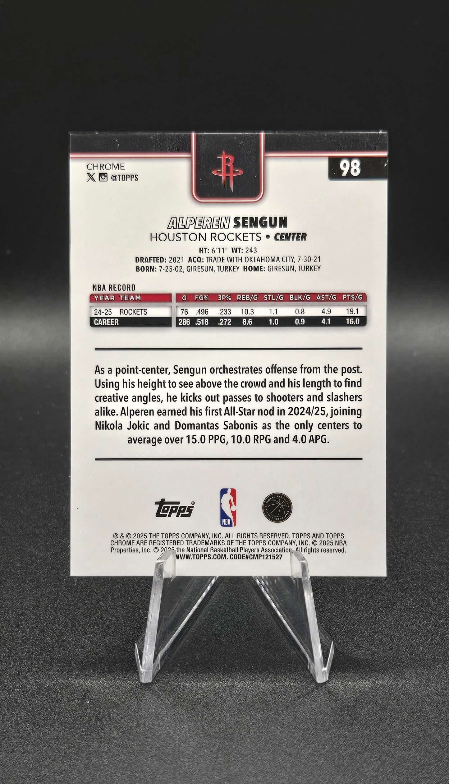 2024-25 Topps Chrome Alperen Sengun #106 Aqua Refractor Serial Numbered 152/199 — Houston Rockets
