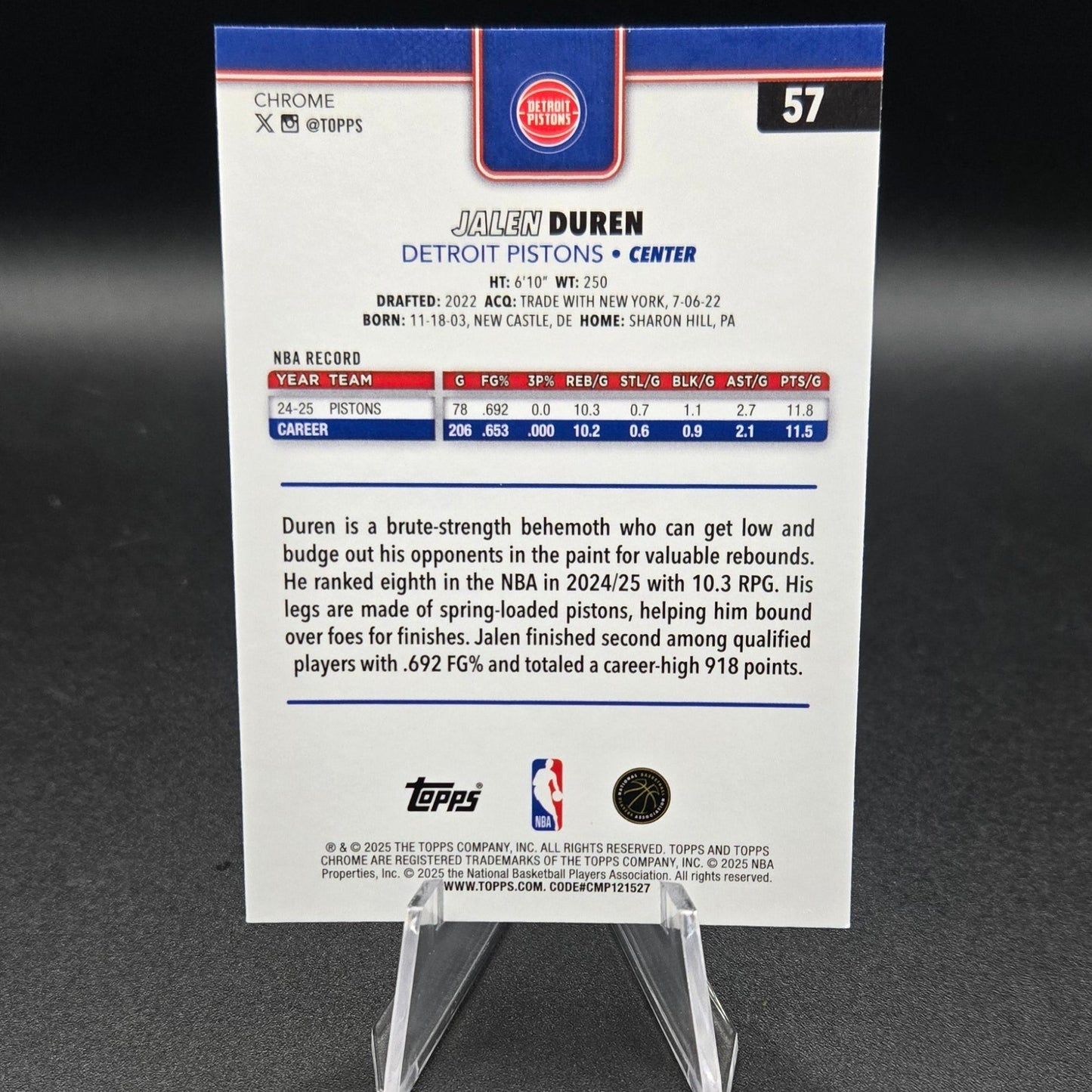 2025-26 Topps Chrome Jalen Duren #57 Red White Blue Refractor Detroit Pistons