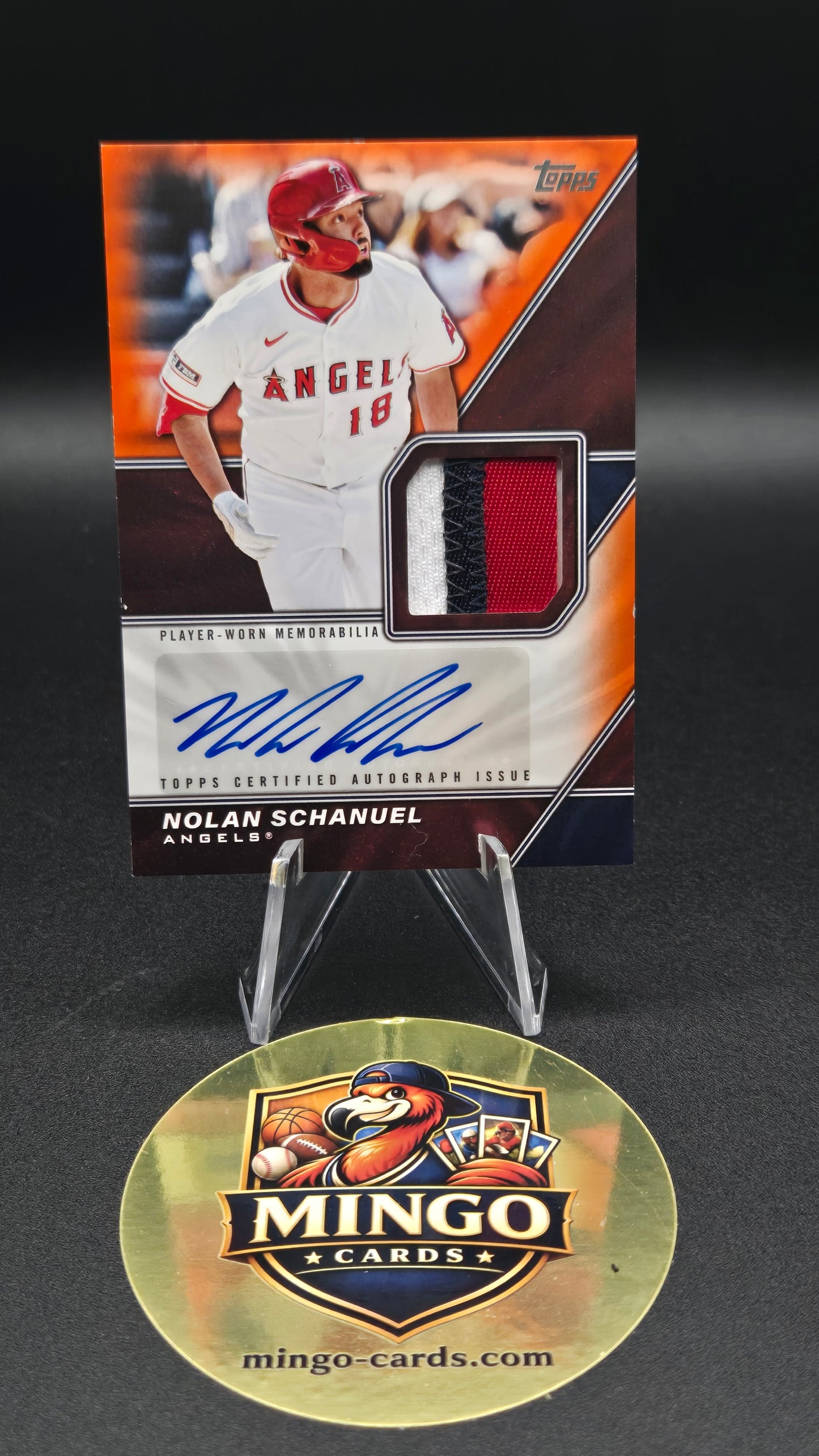 An autographed sports trading card featuring Nolan Schanuel of the Los Angeles Angels