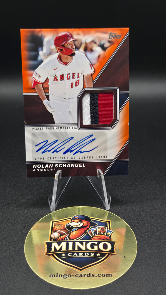 An autographed sports trading card featuring Nolan Schanuel of the Los Angeles Angels