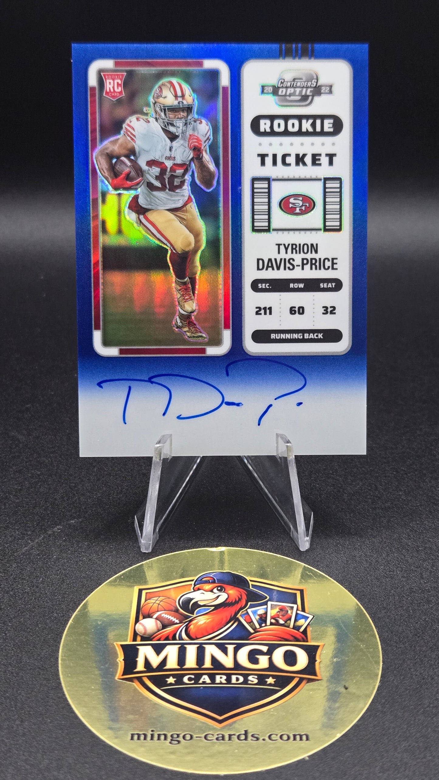 2022 Panini Contenders Optic Tyrion Davis-Price RC Auto Blue /75 49ers Rookie Ticket