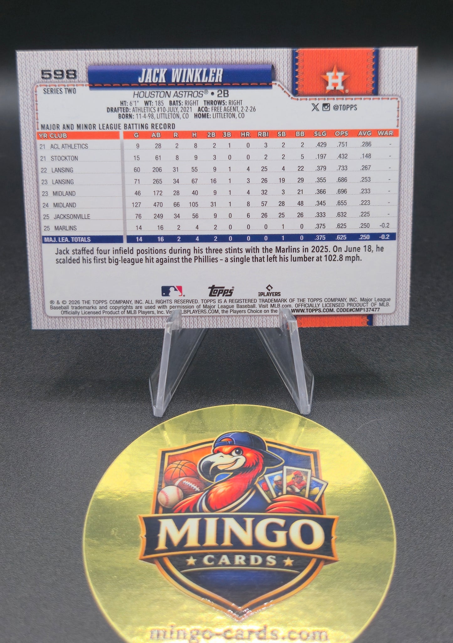 Baseball trading card of Jack Winkler with a Mingo Cards logo below
