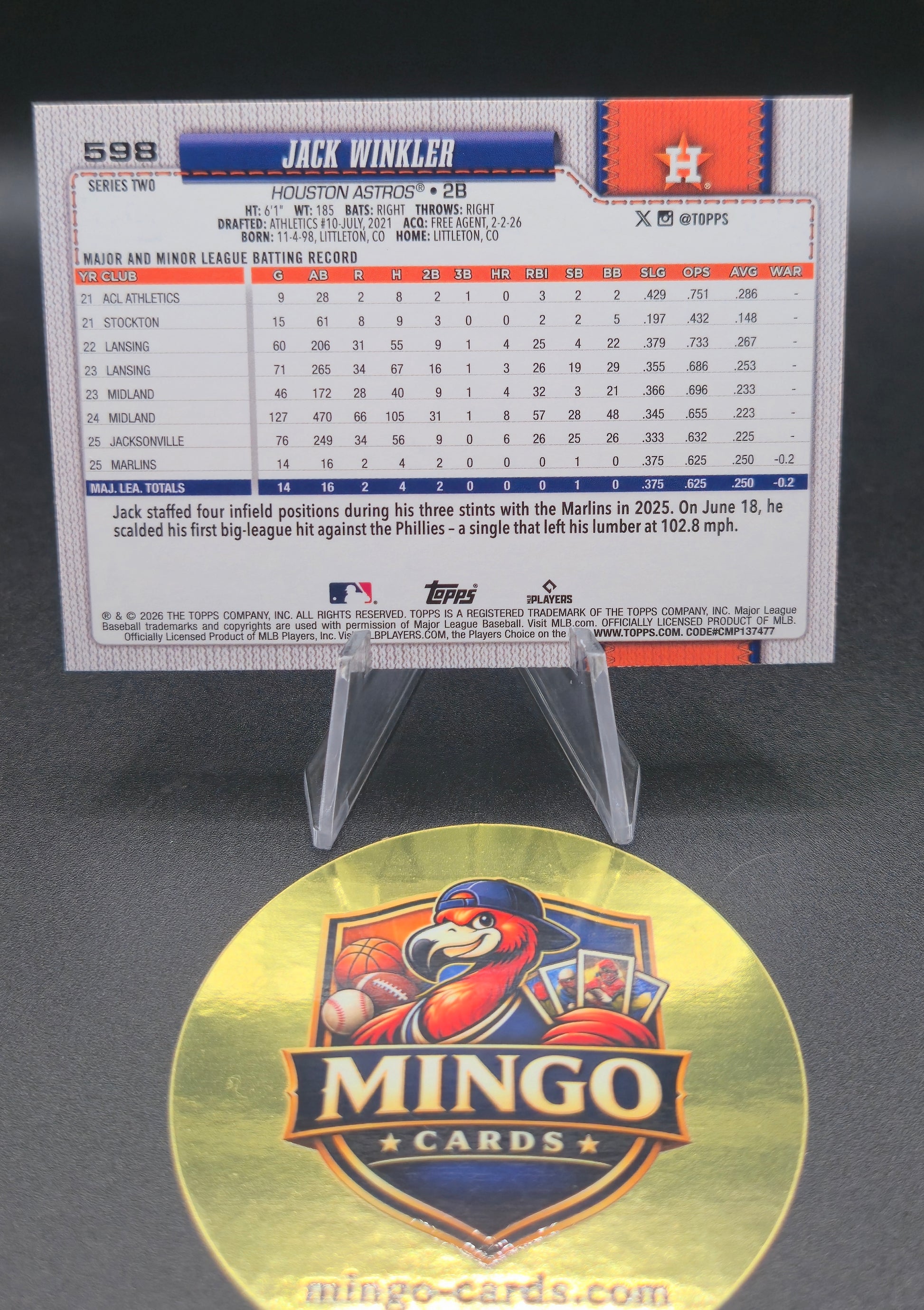 Baseball trading card of Jack Winkler with a Mingo Cards logo below
