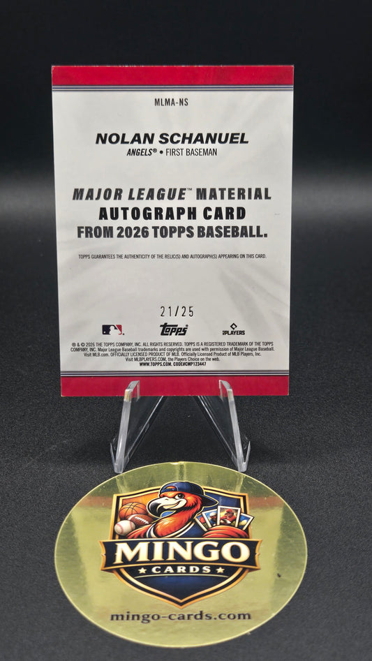 A collectible Nolan Schanuel major league material autograph card from Topps, shown with its original Mingo Cards holder on a dark background.