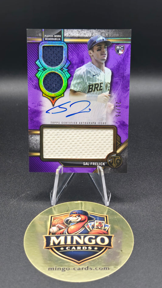 Autographed card with relic patches of Sal Frelick. His profile sits atop a purple background with white and navy patches.