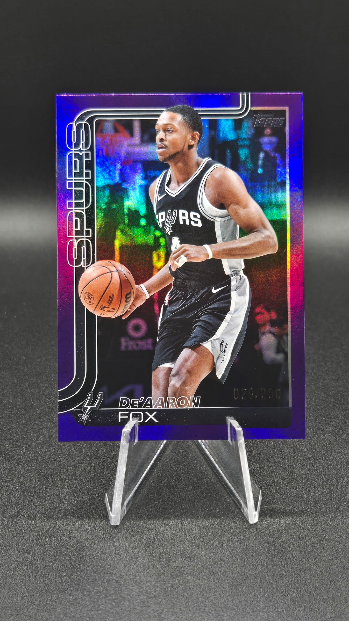 2024-25 Topps Flagship Basketball De'Aaron Fox #196 Purple Speckle Parallel Serial Numbered 029/250 — San Antonio Spurs