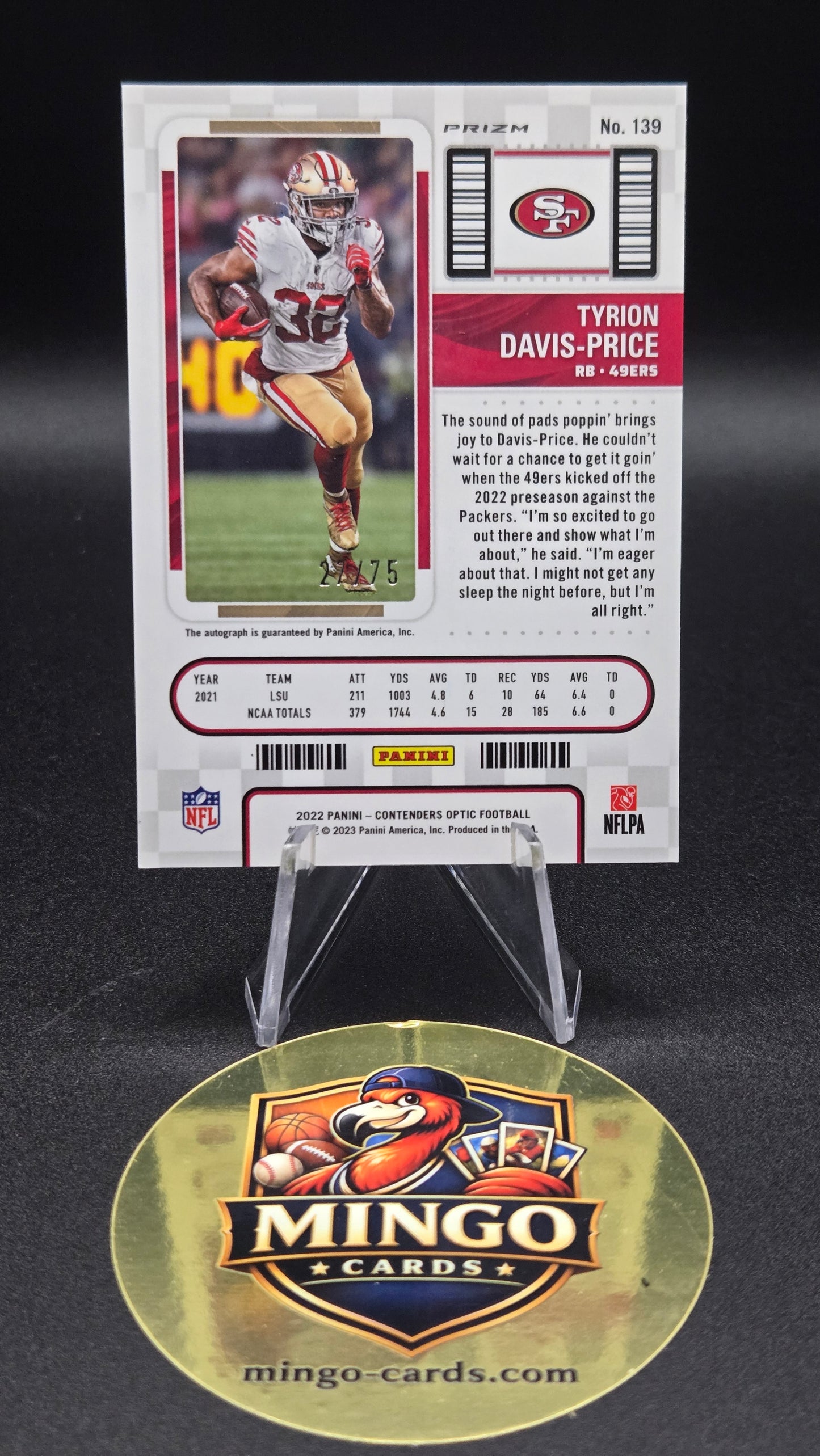 2022 Panini Contenders Optic Tyrion Davis-Price RC Auto Blue /75 49ers Rookie Ticket