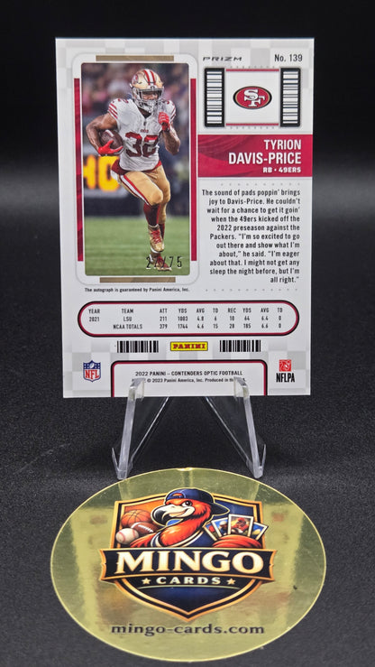 2022 Panini Contenders Optic Tyrion Davis-Price RC Auto Blue /75 49ers Rookie Ticket
