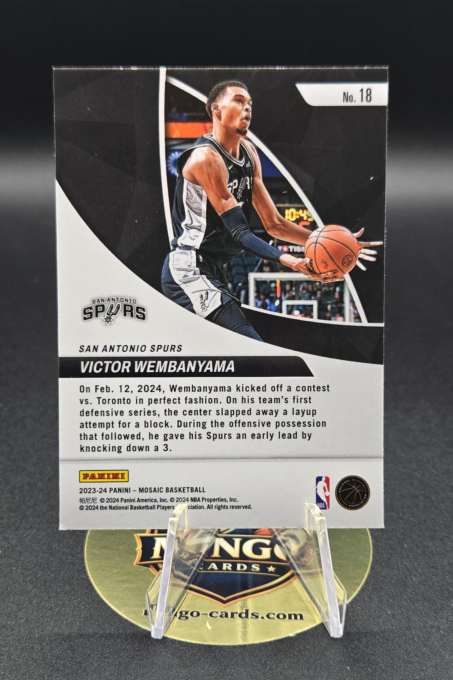 Basketball trading card with player image and text on a dark background