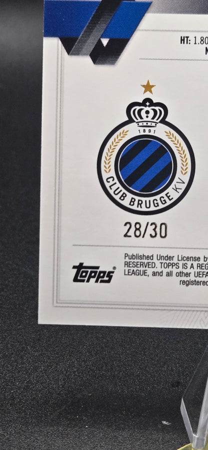 Trading card with a Club Brugge logo and text on a black background displaying 28/30 serialized card