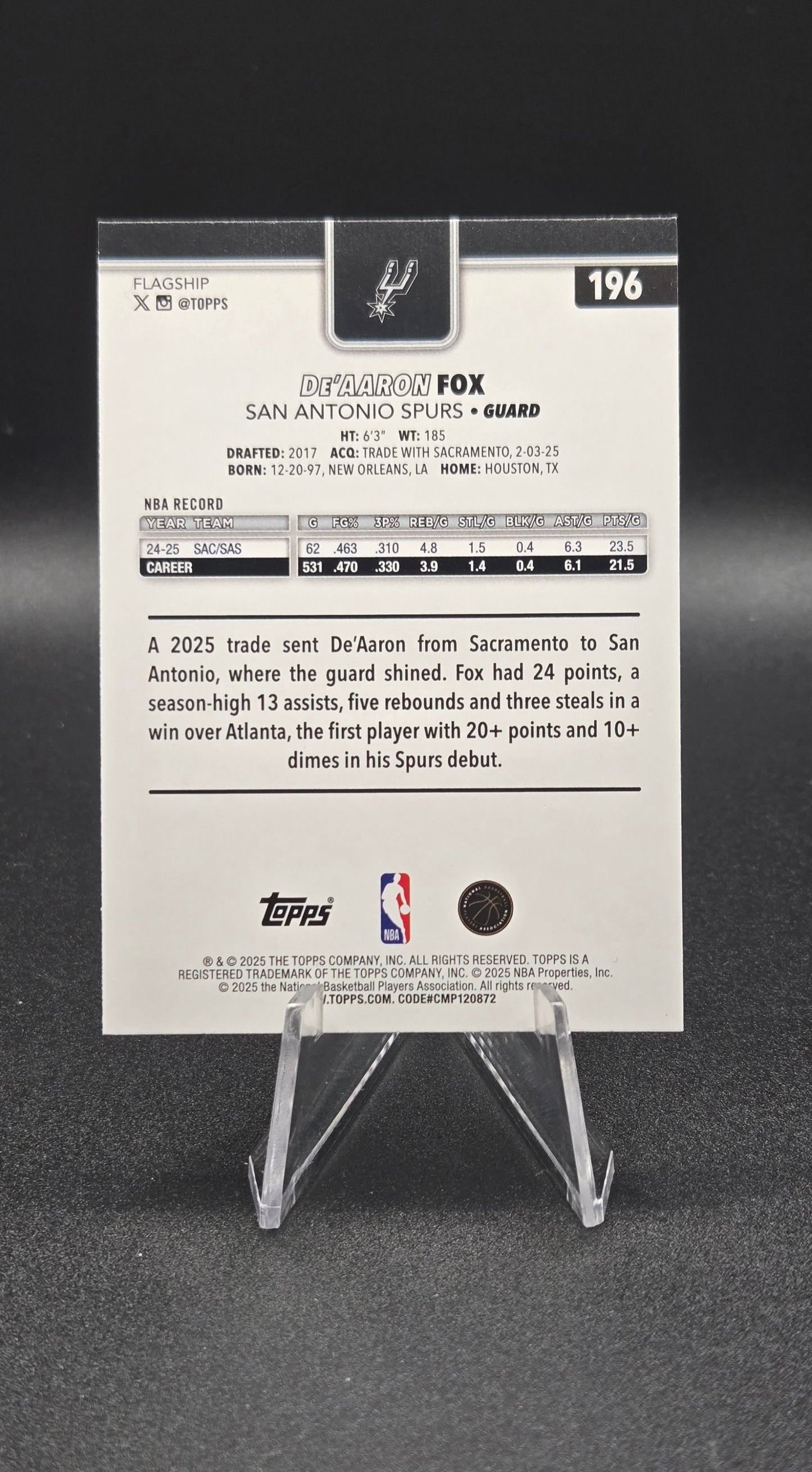 2024-25 Topps Flagship Basketball De'Aaron Fox #196 Purple Speckle Parallel Serial Numbered 029/250 — San Antonio Spurs