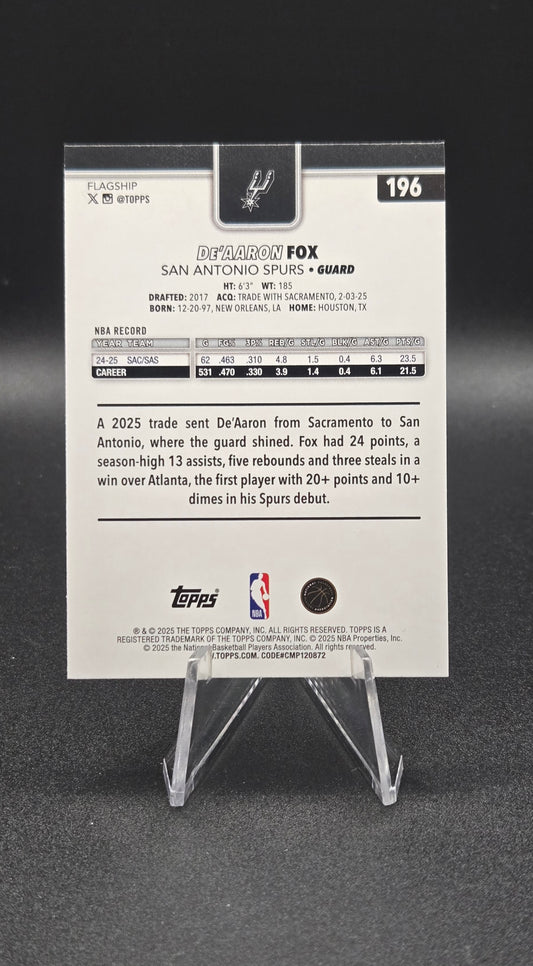 2024-25 Topps Flagship Basketball De'Aaron Fox #196 Purple Speckle Parallel Serial Numbered 029/250 — San Antonio Spurs