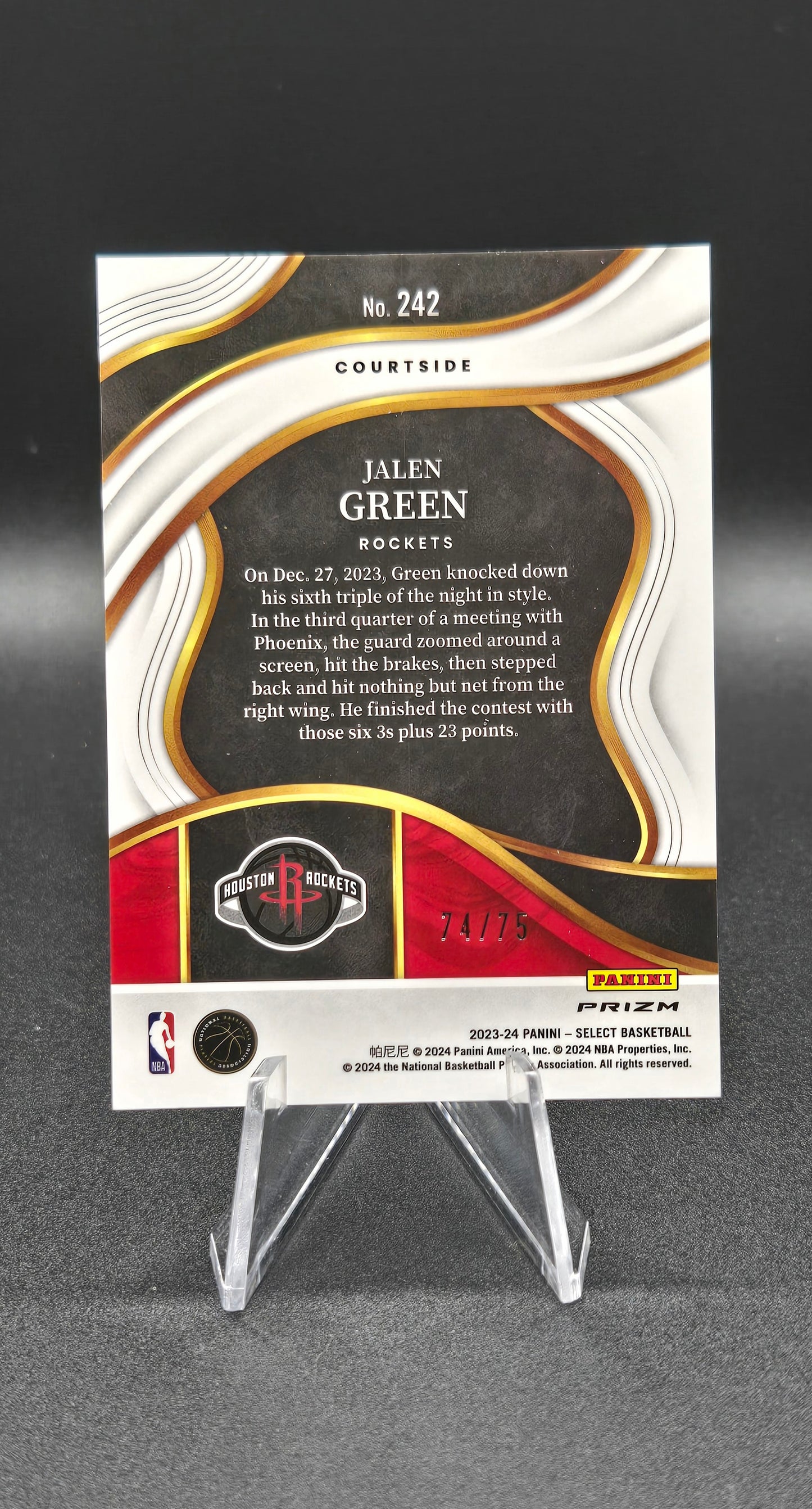 2023-24 Panini Select Jalen Green Courtside #242 White Disco Prizm Serial Numbered 74/75 — Houston Rockets